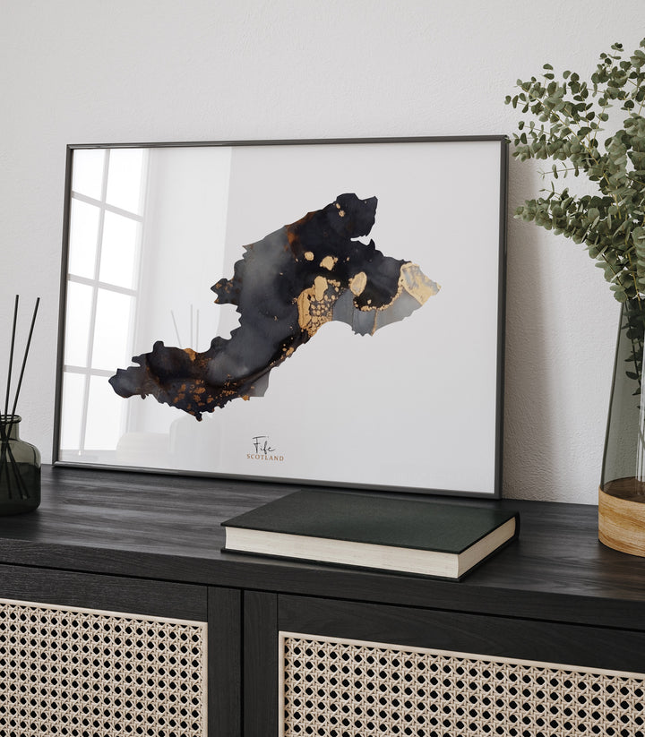 Fife Map Black and Gold Wall Art Print | Scotland | United Kingdom | Great Britain