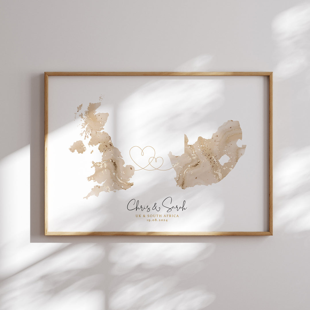 Personalised Map Print | Custom Two Countries or US States Map Sage Green & Gold Travel Wall Art Print | Wedding Engagement Gift