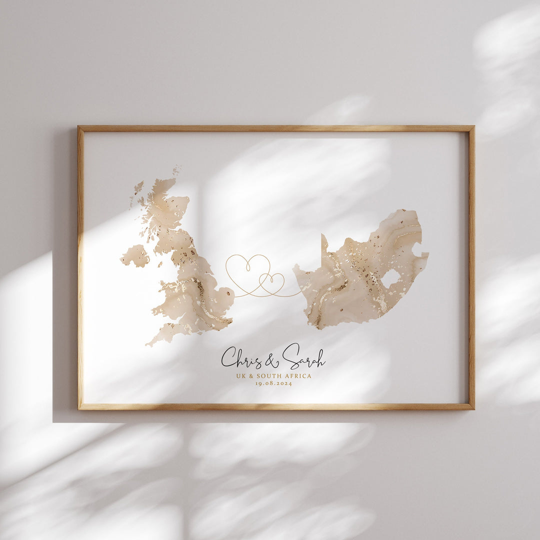 Personalised Map Print | Custom Two Countries or US States Map Purple & Gold Travel Wall Art Print | Wedding Engagement Gift