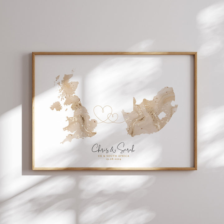 Personalised Map Print | Custom Two Countries or US States Map Purple & Gold Travel Wall Art Print | Wedding Engagement Gift