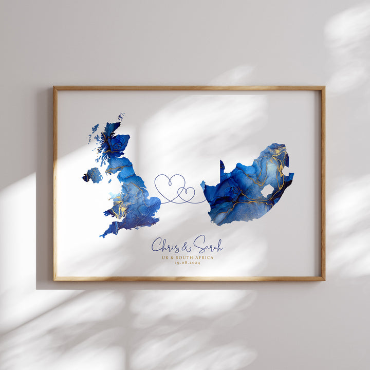 Personalised Map Print | Custom Two Countries or US States Map Sage Green & Gold Travel Wall Art Print | Wedding Engagement Gift