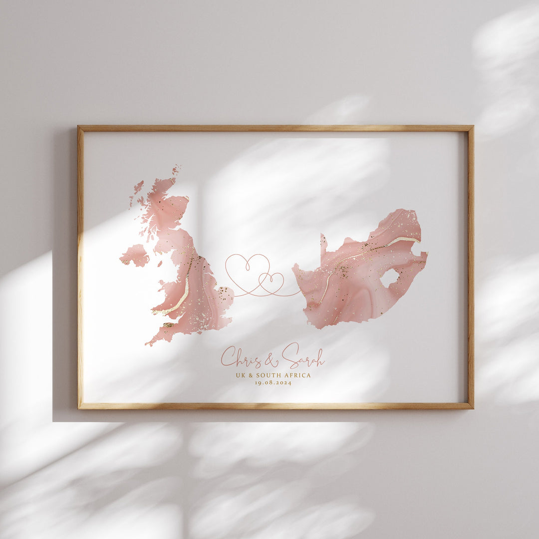 Personalised Map Print | Custom Two Countries or US States Map Sage Green & Gold Travel Wall Art Print | Wedding Engagement Gift