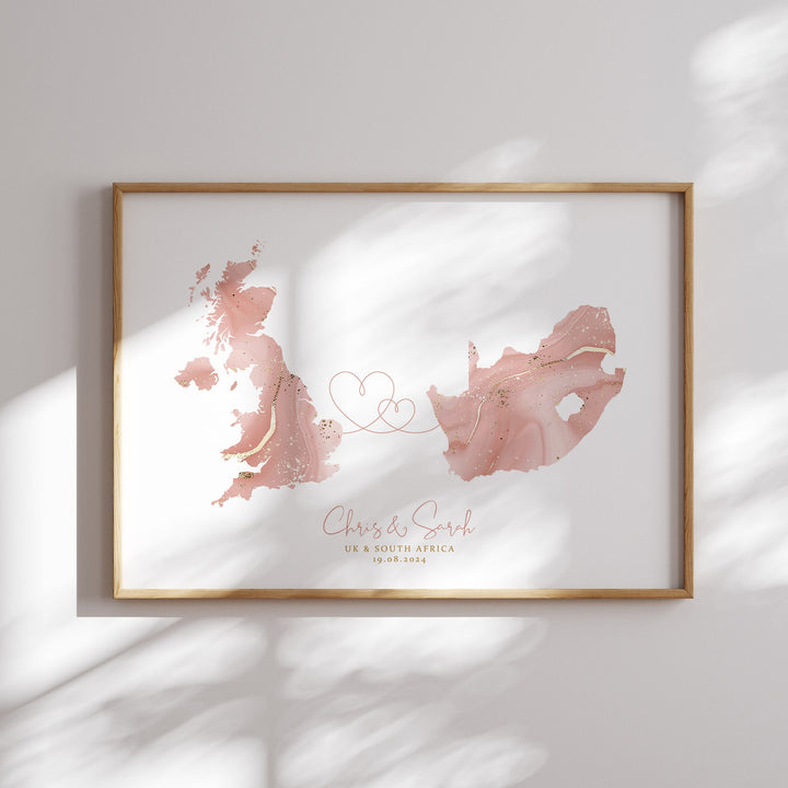 Personalised Map Print | Custom Two Countries or US States Map Sage Green & Gold Travel Wall Art Print | Wedding Engagement Gift