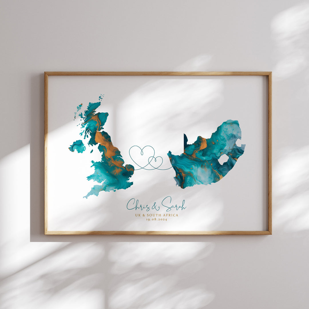 Personalised Map Print | Custom Two Countries or US States Map Sage Green & Gold Travel Wall Art Print | Wedding Engagement Gift