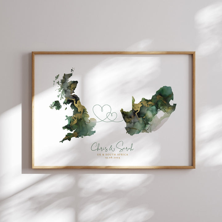 Personalised Map Print | Custom Two Countries or US States Map Sage Green & Gold Travel Wall Art Print | Wedding Engagement Gift
