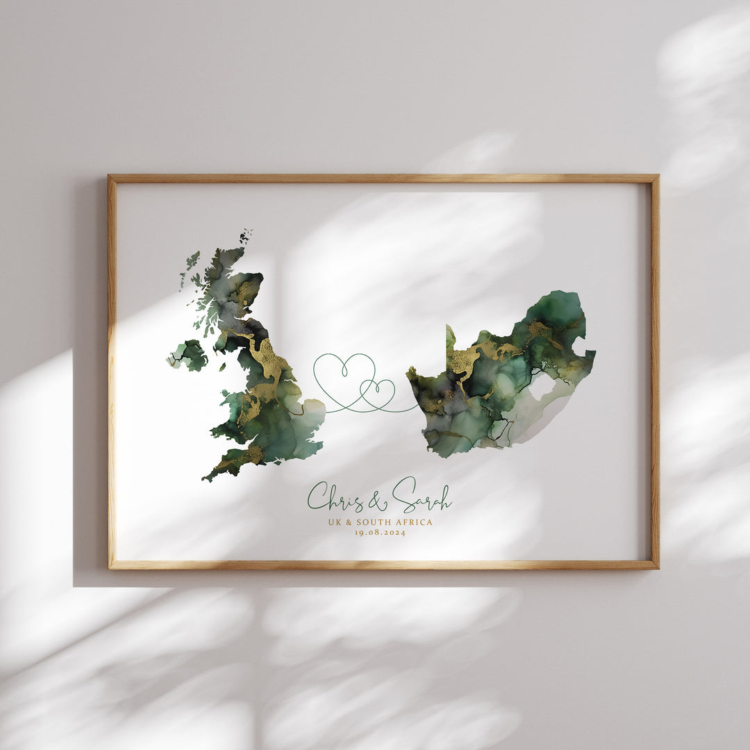 Personalised Map Print | Custom Two Countries or US States Map Purple & Gold Travel Wall Art Print | Wedding Engagement Gift