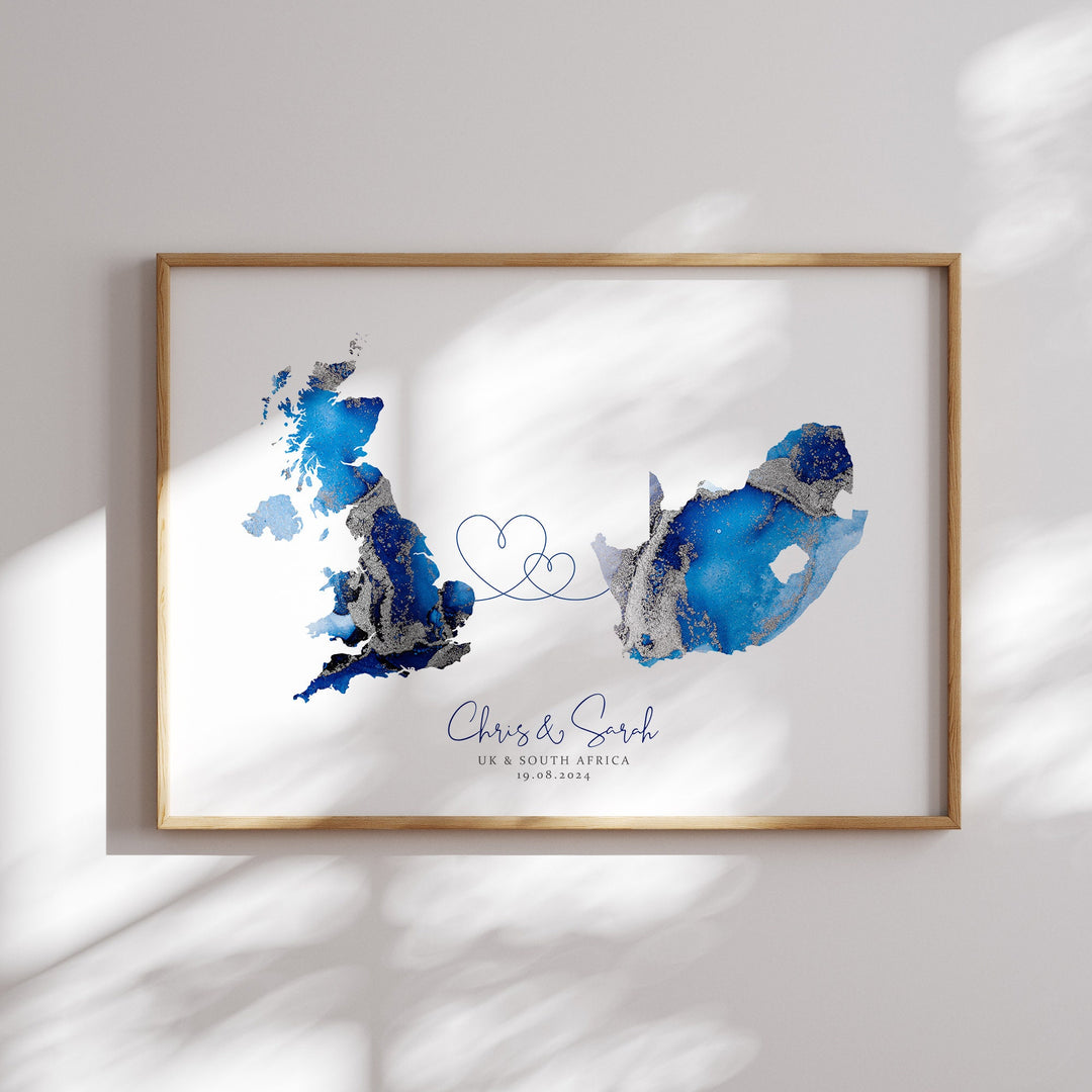Personalised Map Print | Custom Any Two Countries or US States Map Black & Gold Travel Wall Art Print | Wedding Engagement Anniversary Gift
