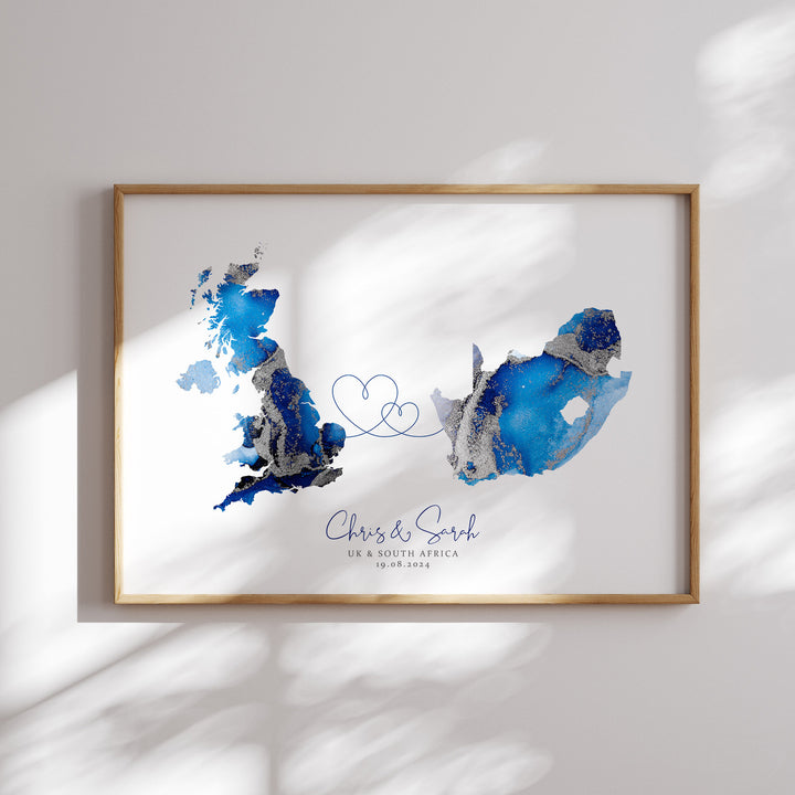 Personalised Map Print | Custom Two Countries or US States Map Sage Green & Gold Travel Wall Art Print | Wedding Engagement Gift