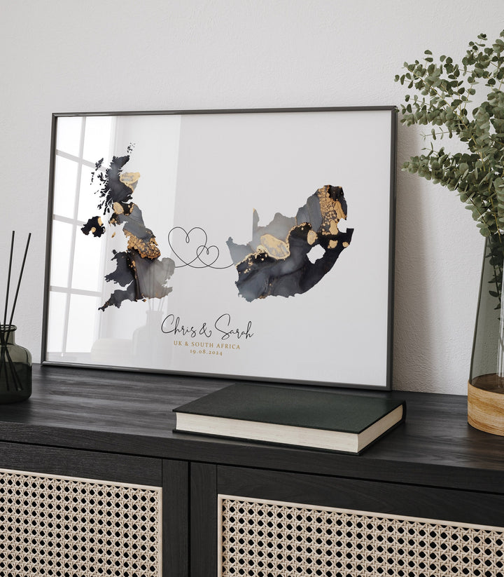 Personalised Map Print | Custom Any Two Countries or US States Map Black & Gold Travel Wall Art Print | Wedding Engagement Anniversary Gift