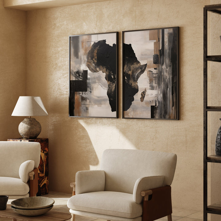 Custom Any Two Counties Map Abstract Painting Wall Art Prints | Black and Gold + Beige