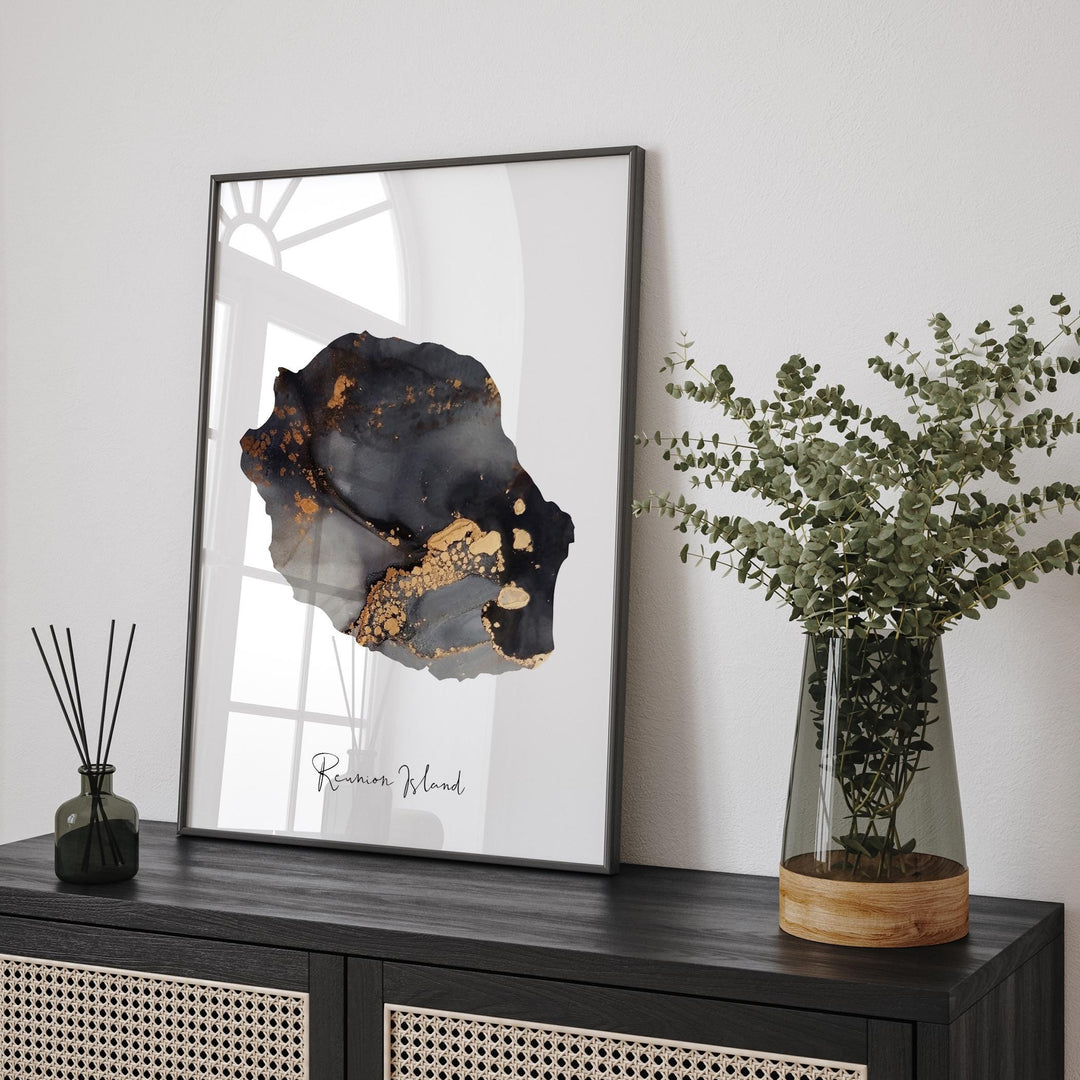 Reunion Island Map Black & Gold Wall Art Print