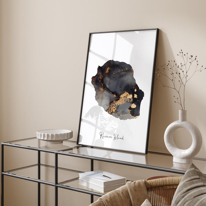 Reunion Island Map Black & Gold Wall Art Print