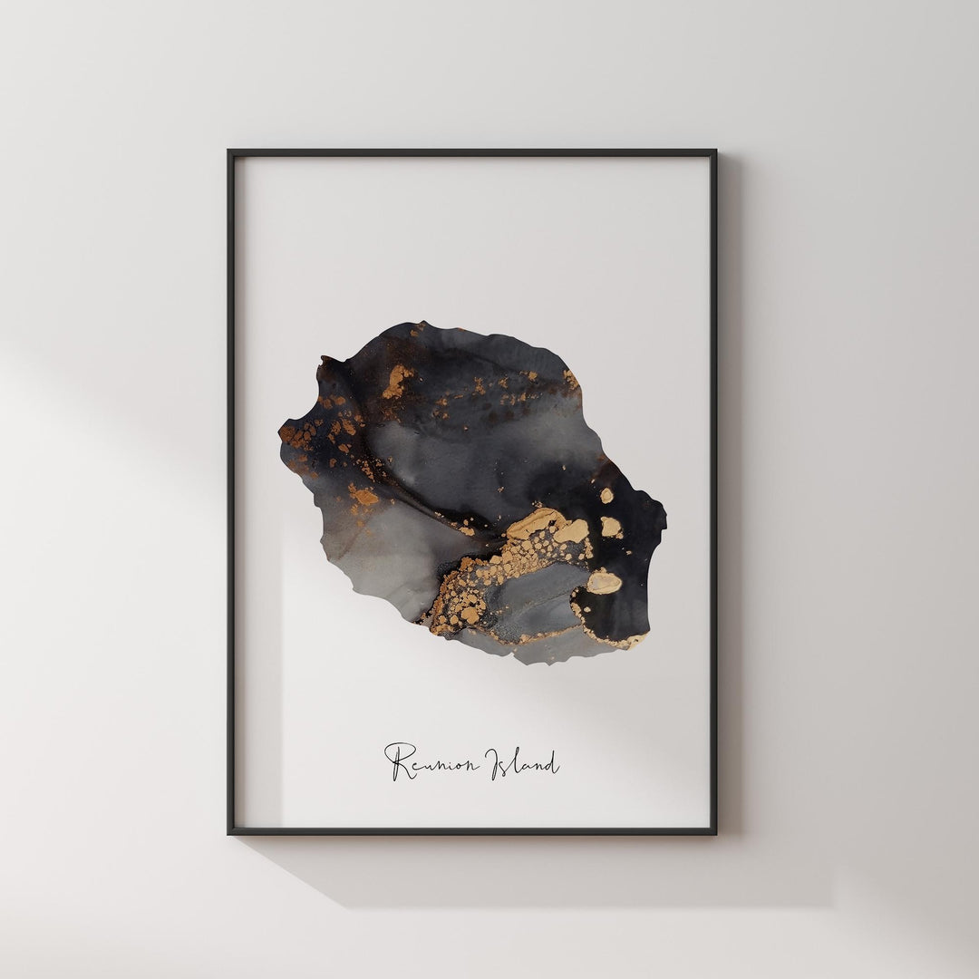 Reunion Island Map Black & Gold Wall Art Print