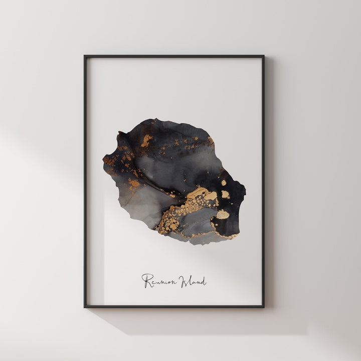 Reunion Island Map Black & Gold Wall Art Print