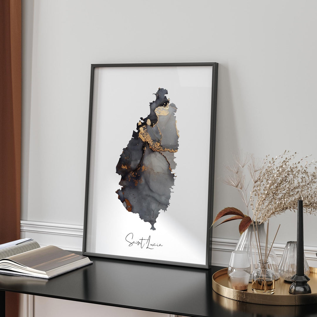 Saint Lucia Map Black & Gold Wall Art Print [EV]