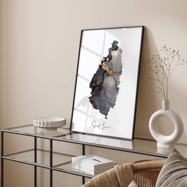 Saint Lucia Map Black & Gold Wall Art Print [EV]