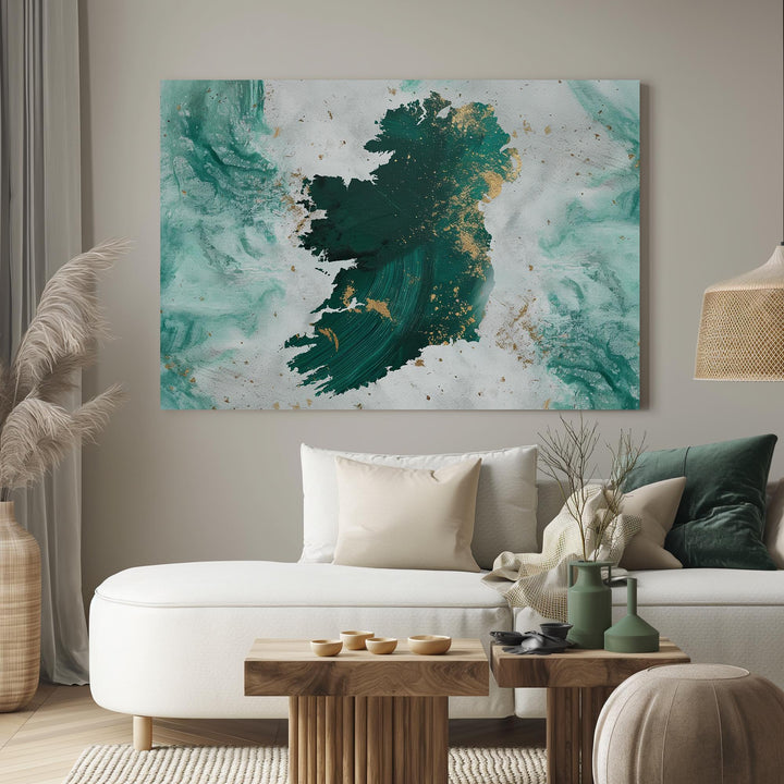 Ireland Map Green & Gold Canvas Wall Art | Ireland Wall Art | Ready To Hang Canvas