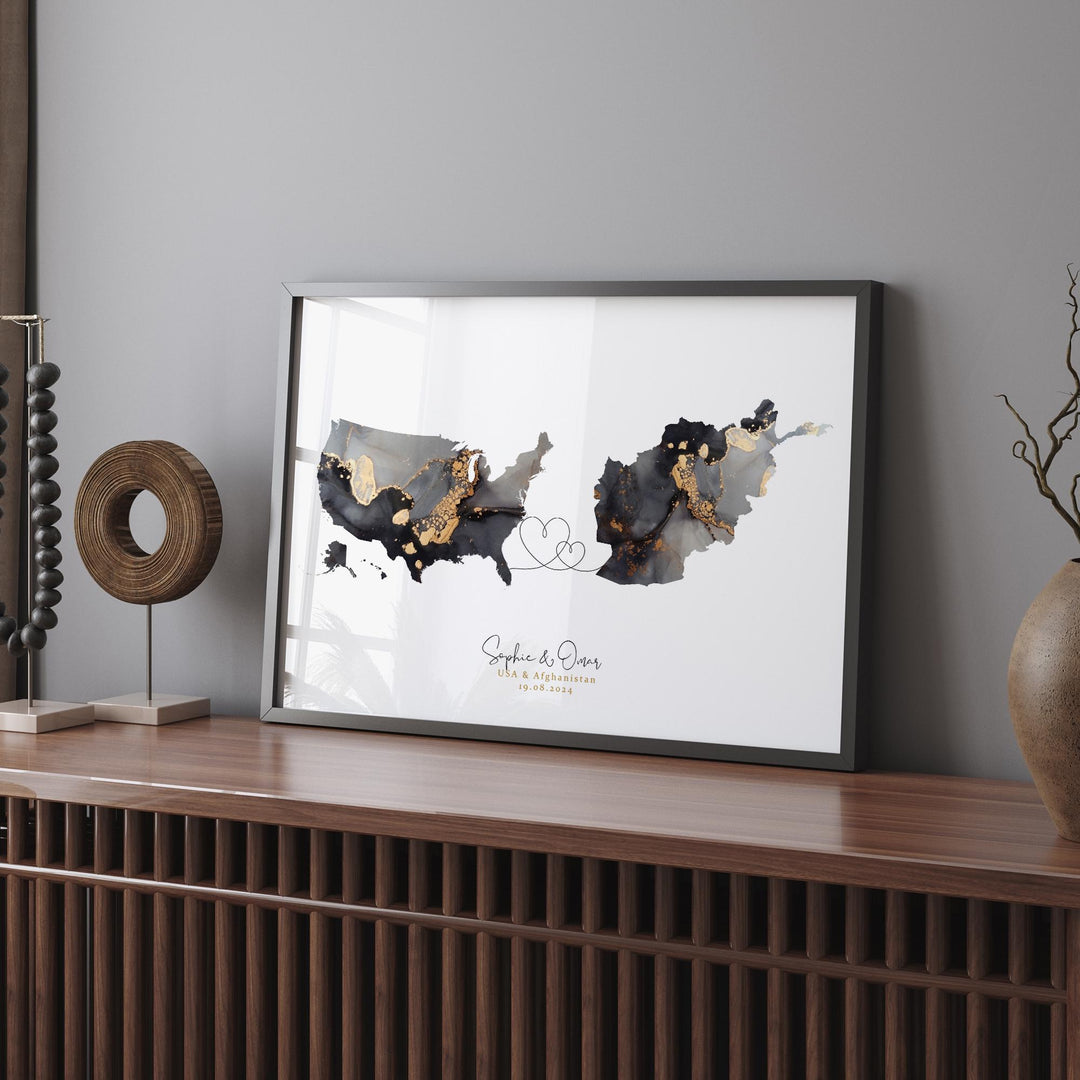 USA and Afghanistan Map Black & Gold Travel Wall Art Print | United States | America | Travel Moving Home Gift