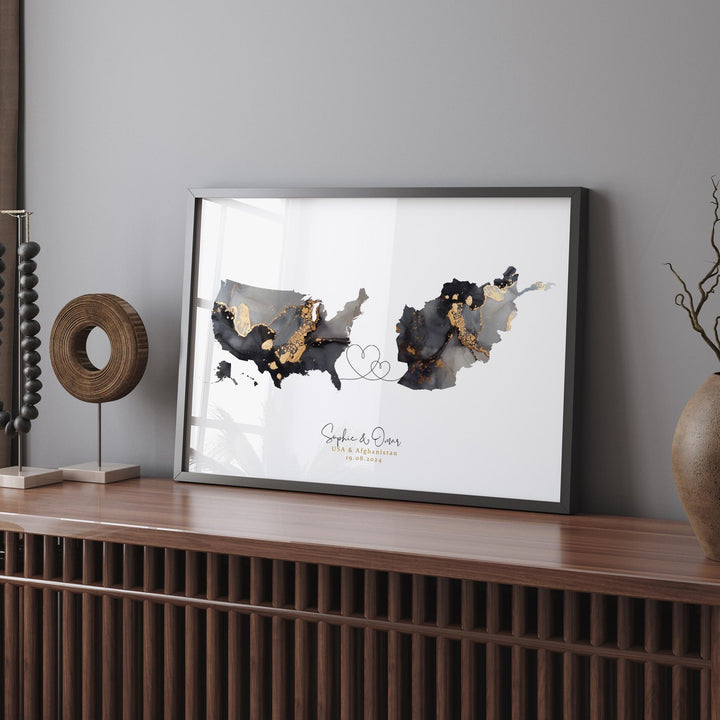 USA and Afghanistan Map Black & Gold Travel Wall Art Print | United States | America | Travel Moving Home Gift