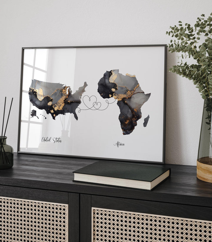 USA to Africa Map Black & Gold Travel Wall Art Print | United States | America | Travel Moving Home Gift