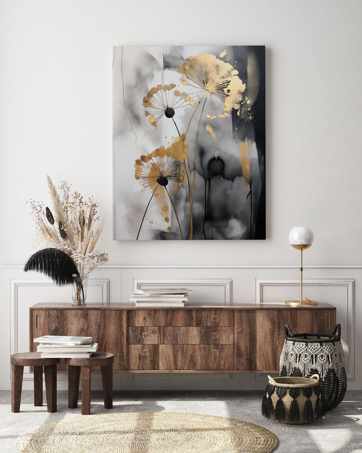 Dandelion Shades of Black, Grey & Gold Canvas Wall Art | Ready To Hang Stretched Canvas
