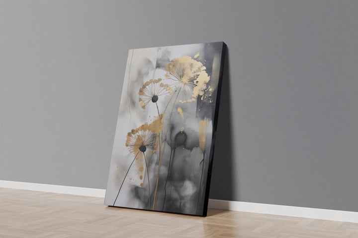 Dandelion Shades of Black, Grey & Gold Canvas Wall Art | Ready To Hang Stretched Canvas