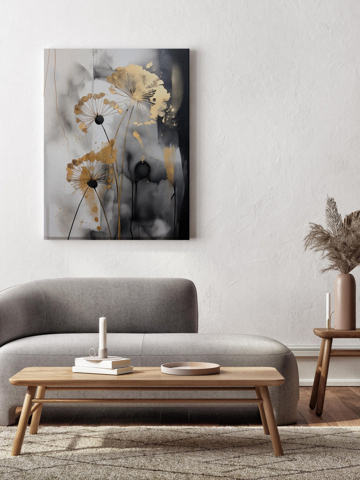 Dandelion Shades of Black, Grey & Gold Canvas Wall Art | Ready To Hang Stretched Canvas
