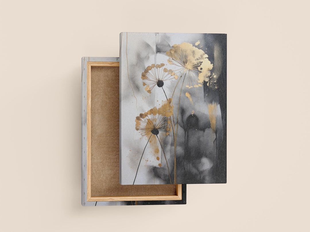 Dandelion Shades of Black, Grey & Gold Canvas Wall Art | Ready To Hang Stretched Canvas