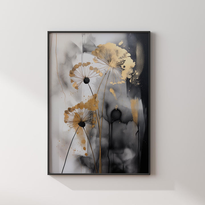 Black & Gold Dandelion Wall Art | Abstract Floral Print | Elegant Nature Decor for Bedroom or Living Room