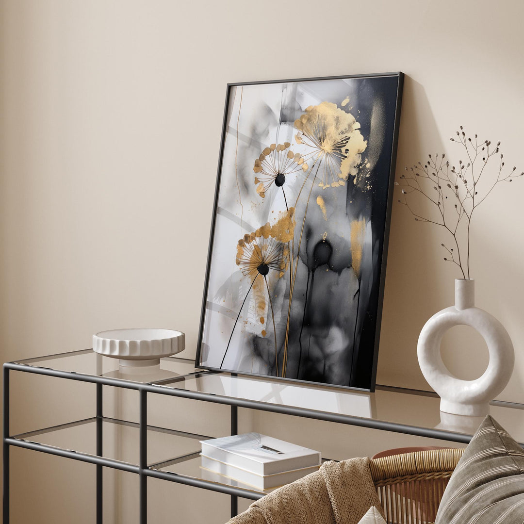 Black & Gold Dandelion Wall Art | Abstract Floral Print | Elegant Nature Decor for Bedroom or Living Room