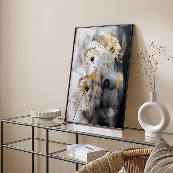 Black & Gold Dandelion Wall Art | Abstract Floral Print | Elegant Nature Decor for Bedroom or Living Room