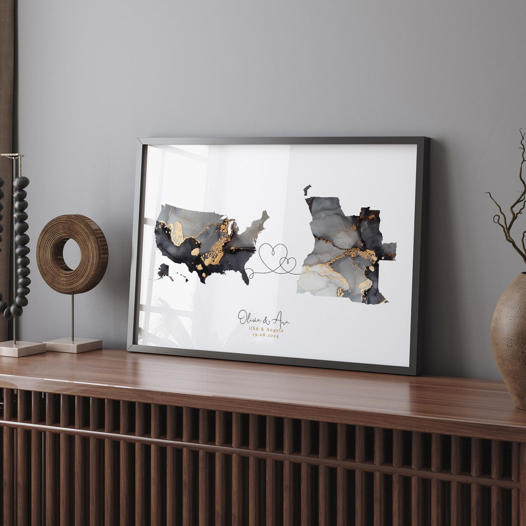 USA and Angola Map Black & Gold Travel Wall Art Print | United States | America | Travel Moving Home Gift