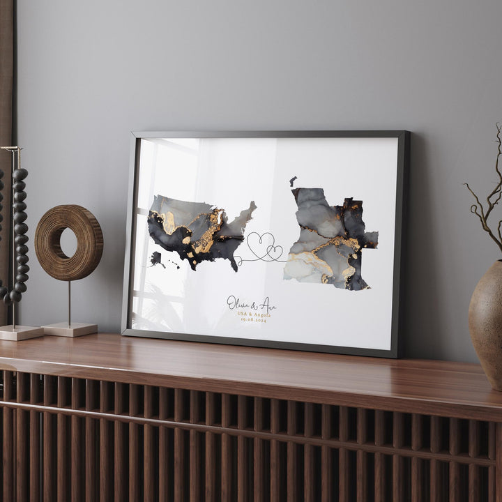 USA and Angola Map Black & Gold Travel Wall Art Print | United States | America | Travel Moving Home Gift
