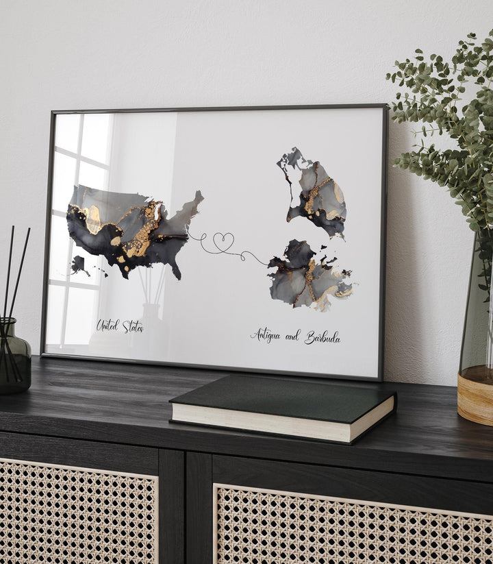 USA and Antigua  and  Barbuda Map Black & Gold Travel Wall Art Print | United States | America | Travel Moving Home Gift