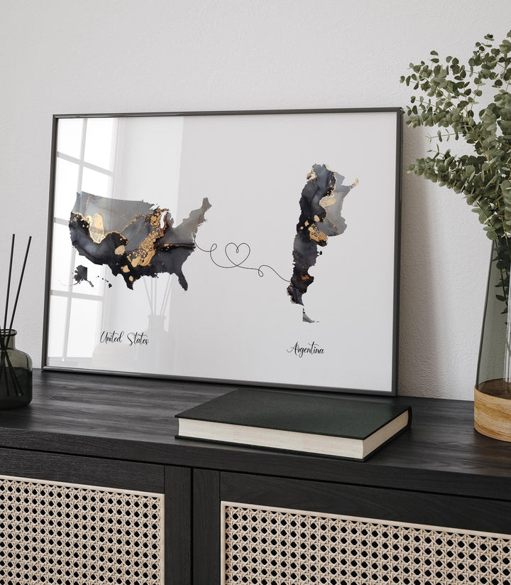 USA and Argentina Map Black & Gold Travel Wall Art Print | United States | America | Travel Moving Home Gift