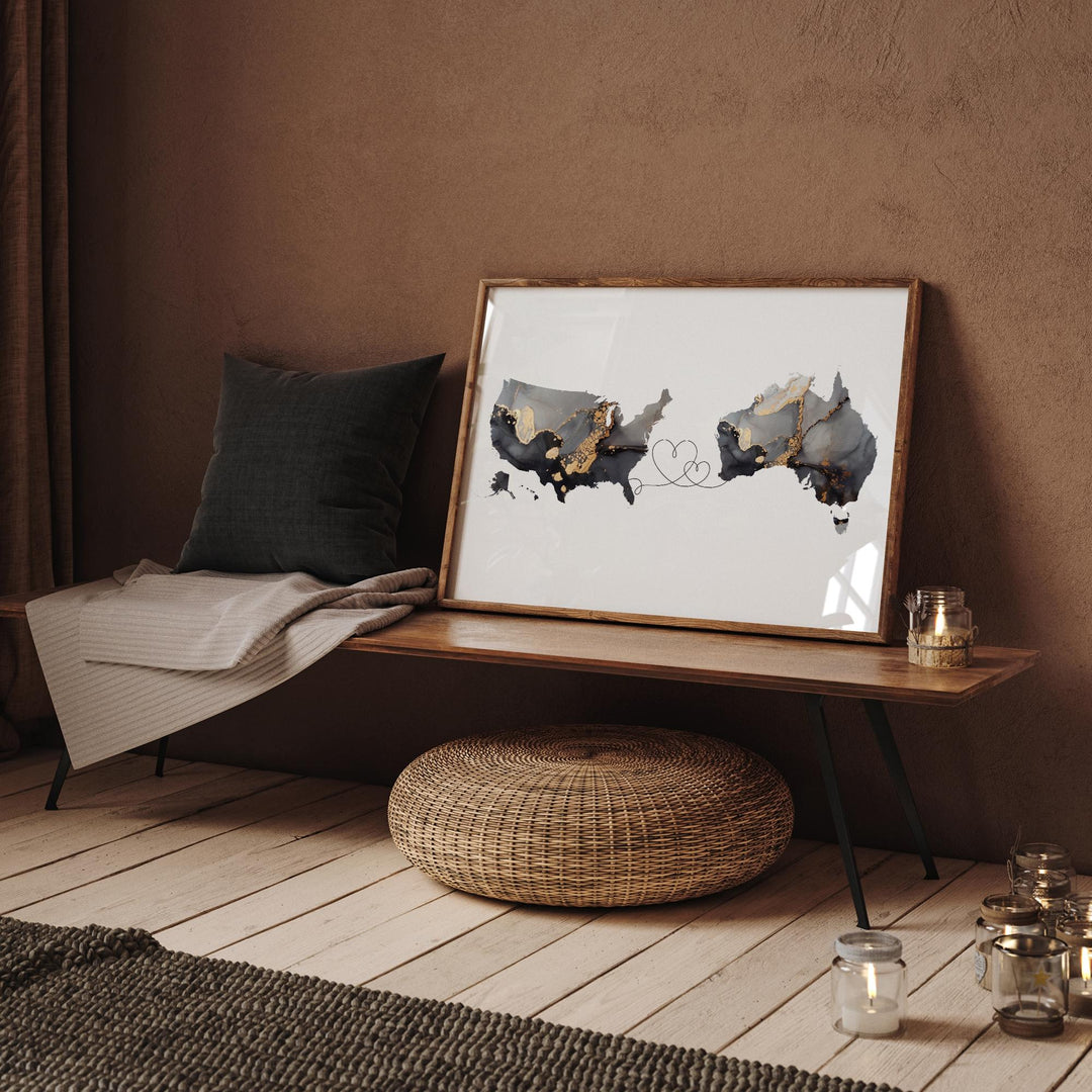 USA and Australia Map Black & Gold Travel Wall Art Print | United States | America | Travel Moving Home Gift