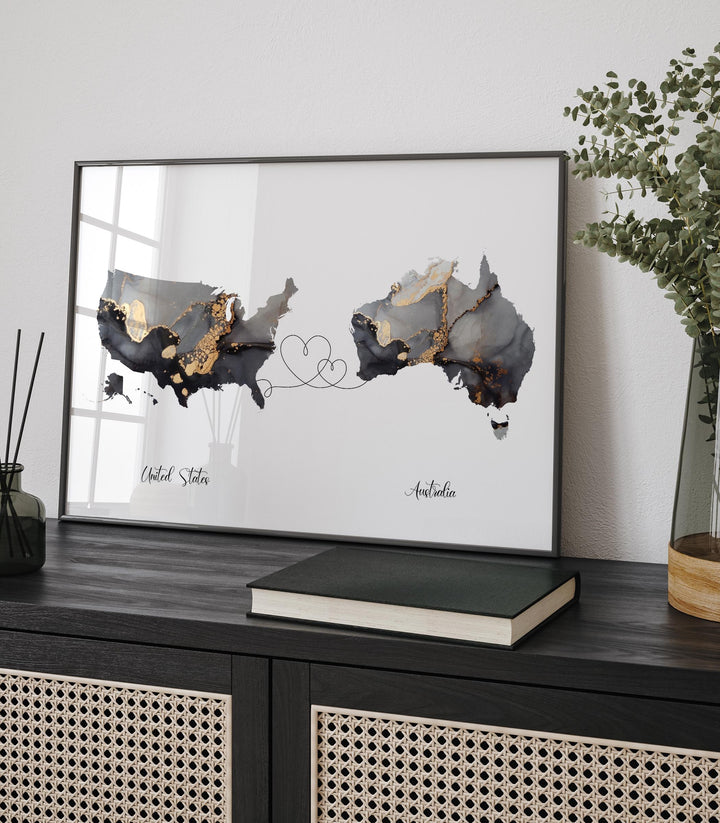 USA and Australia Map Black & Gold Travel Wall Art Print | United States | America | Travel Moving Home Gift