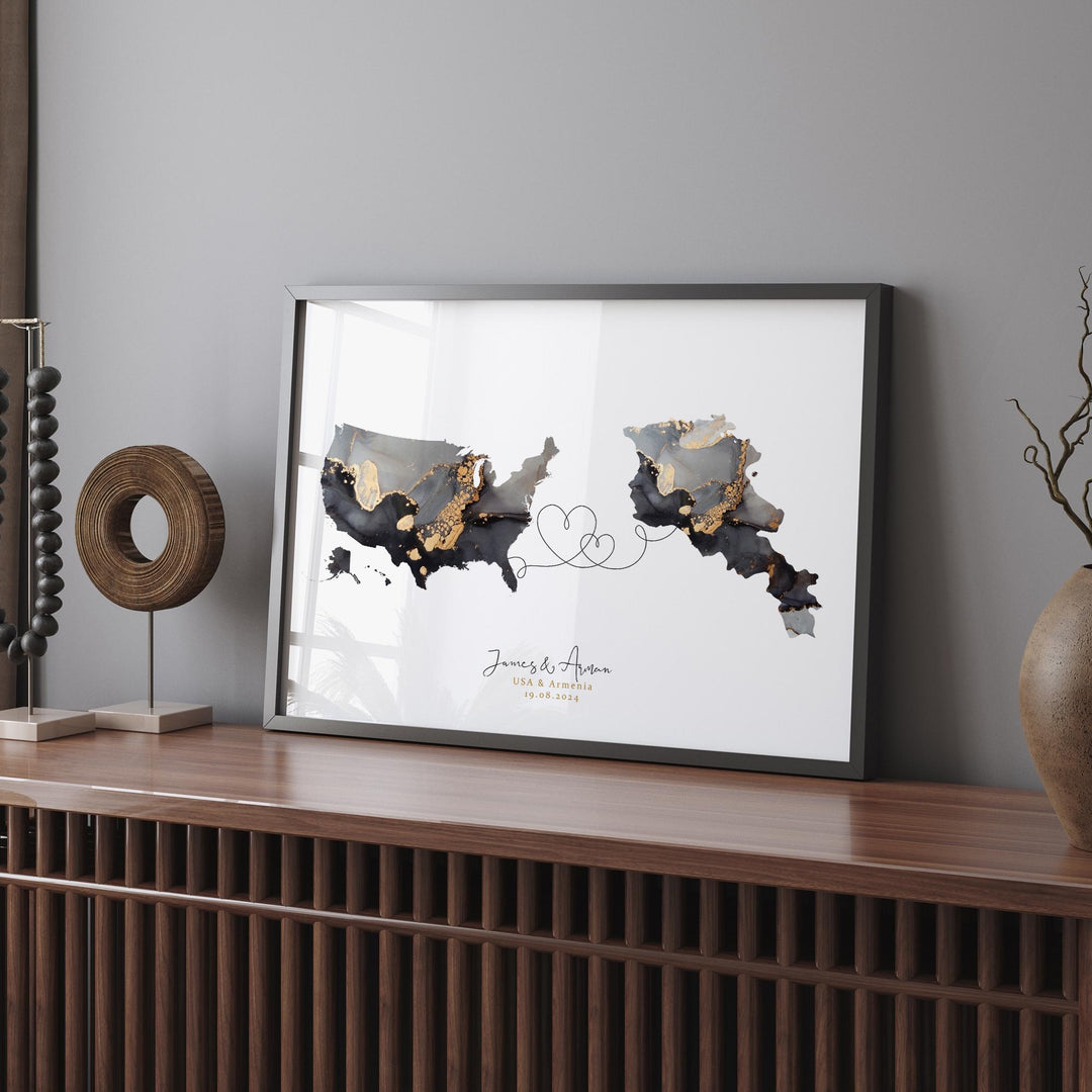 USA and Armenia Map Black & Gold Travel Wall Art Print | United States | America | Travel Moving Home Gift