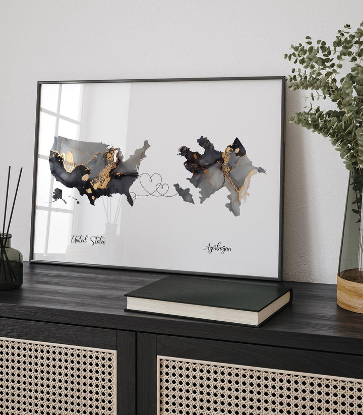 USA and Azerbaijan Map Black & Gold Travel Wall Art Print | United States | America | Travel Moving Home Gift