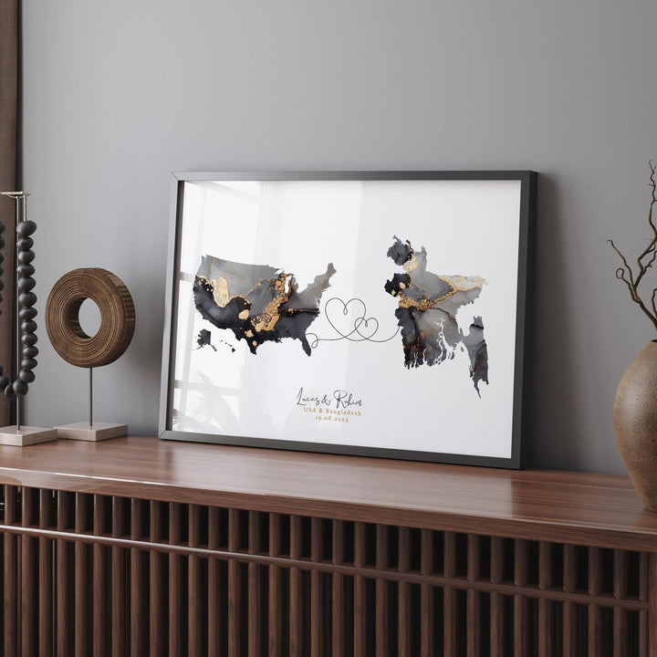 USA and Bangladesh Map Black & Gold Travel Wall Art Print | United States | America | Travel Moving Home Gift