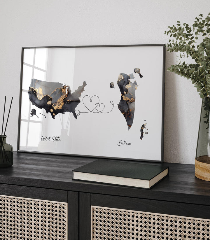 USA and Bahrain Map Black & Gold Travel Wall Art Print | United States | America | Travel Moving Home Gift
