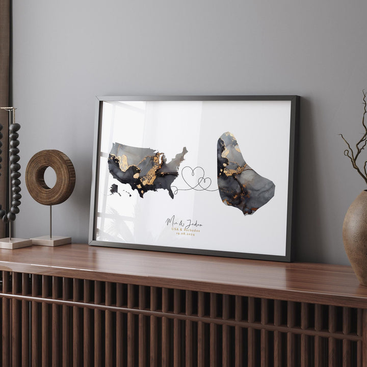USA and Barbados Map Black & Gold Travel Wall Art Print | United States | America | Travel Moving Home Gift