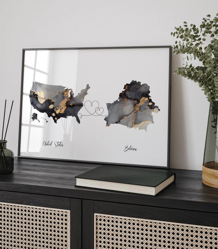 USA and Belarus Map Black & Gold Travel Wall Art Print | United States | America | Travel Moving Home Gift