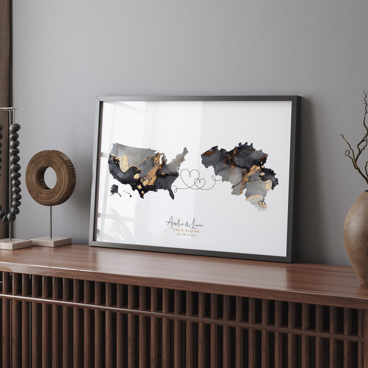 USA and Belgium Map Black & Gold Travel Wall Art Print | United States | America | Travel Moving Home Gift
