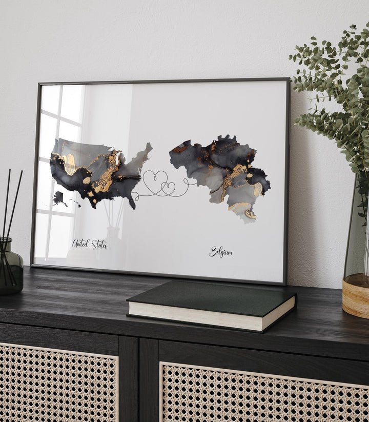 USA and Belgium Map Black & Gold Travel Wall Art Print | United States | America | Travel Moving Home Gift