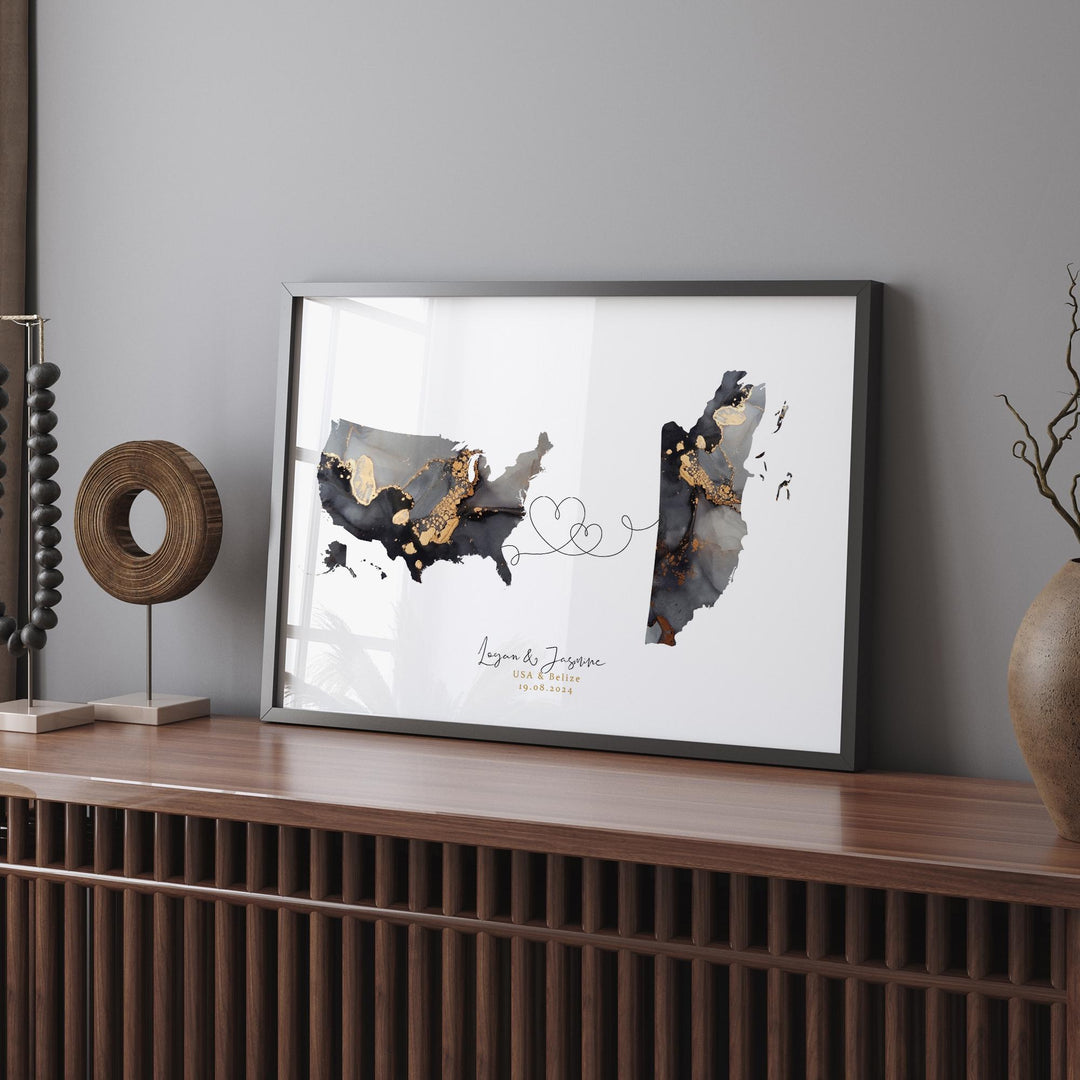 USA and Belize Map Black & Gold Travel Wall Art Print | United States | America | Travel Moving Home Gift