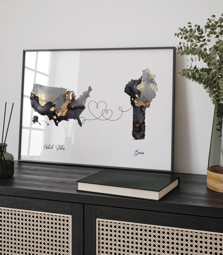USA and Benin Map Black & Gold Travel Wall Art Print | United States | America | Travel Moving Home Gift