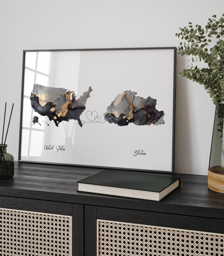 USA and Bhutan Map Black & Gold Travel Wall Art Print | United States | America | Travel Moving Home Gift