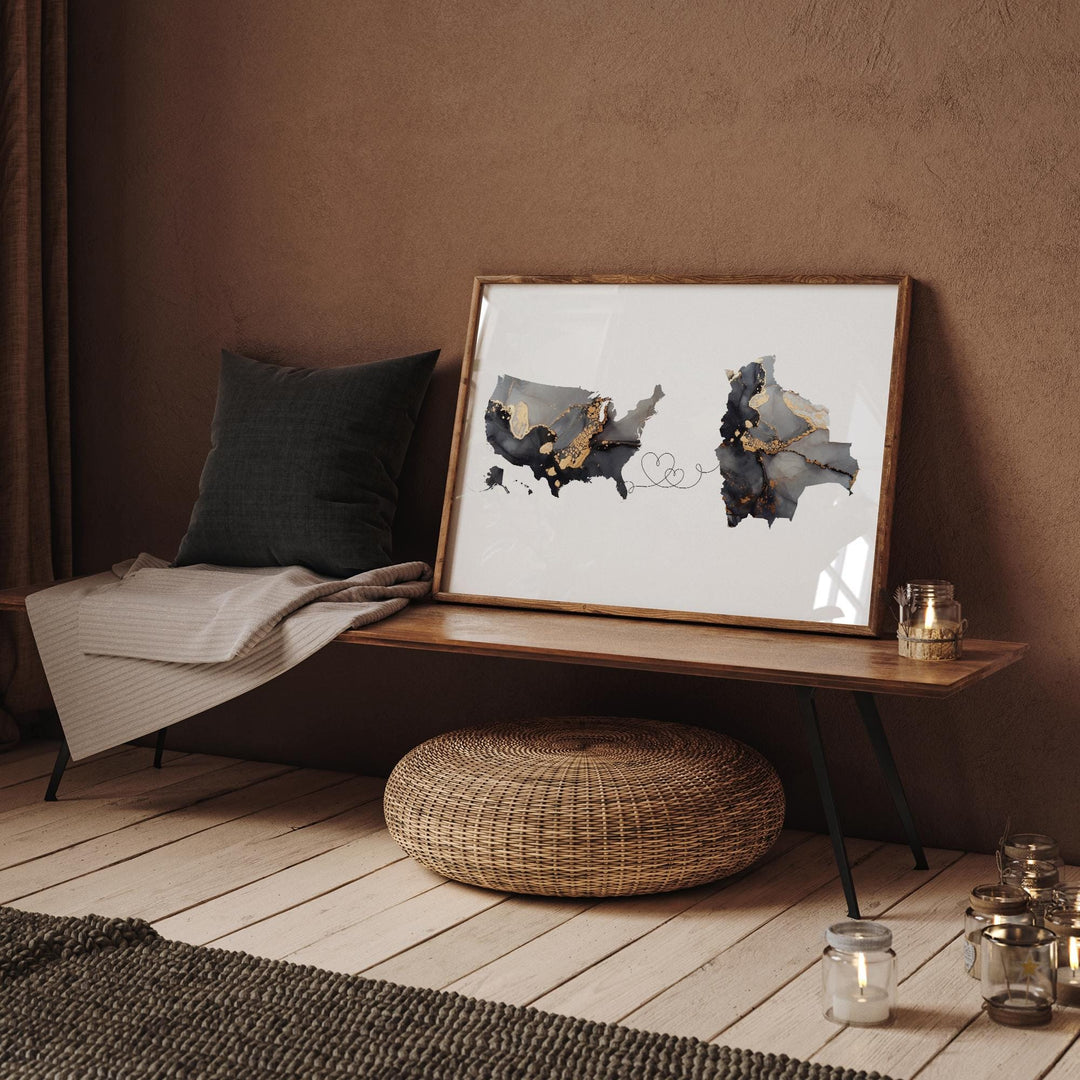 USA and Bolivia Map Black & Gold Travel Wall Art Print | United States | America | Travel Moving Home Gift