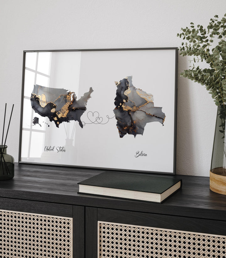 USA and Bolivia Map Black & Gold Travel Wall Art Print | United States | America | Travel Moving Home Gift